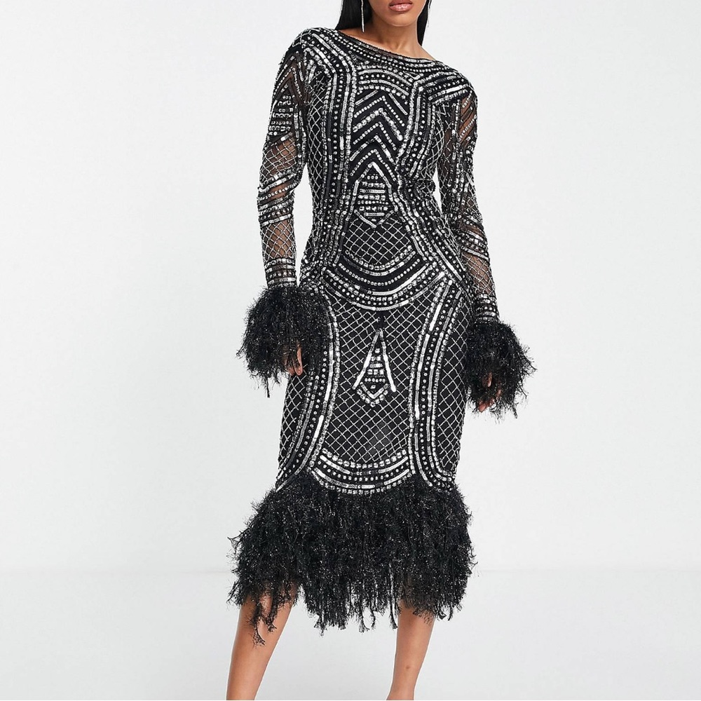 ASOS embellished midi dress with faux fur sleeves silver and black